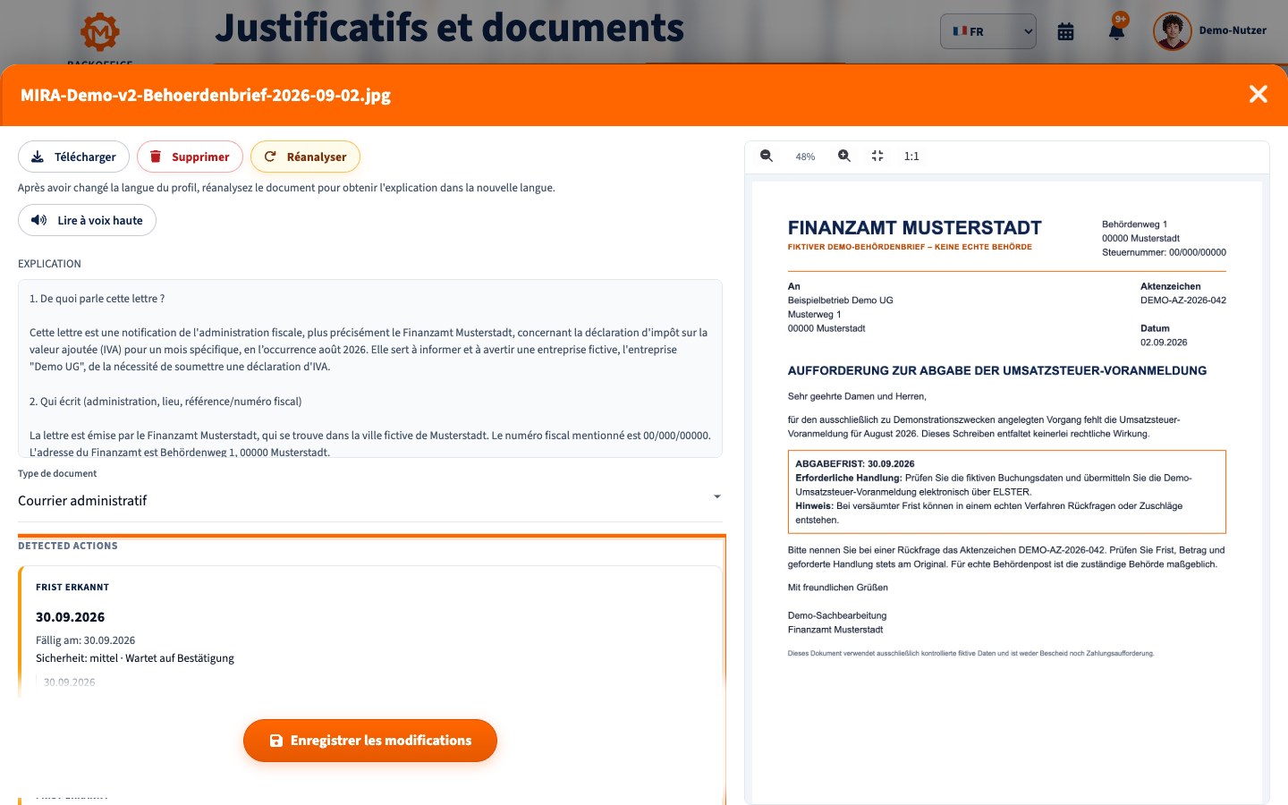 Backoffice Motorica présentant une lettre fiscale fictive et une échéance détectée pour la déclaration de TVA