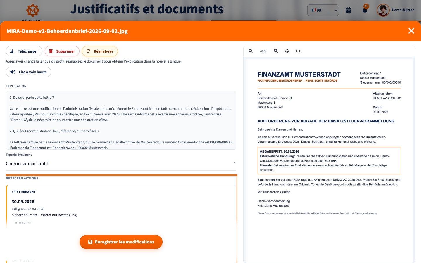 Tâche de suivi MIRA en français pour le courrier administratif fictif