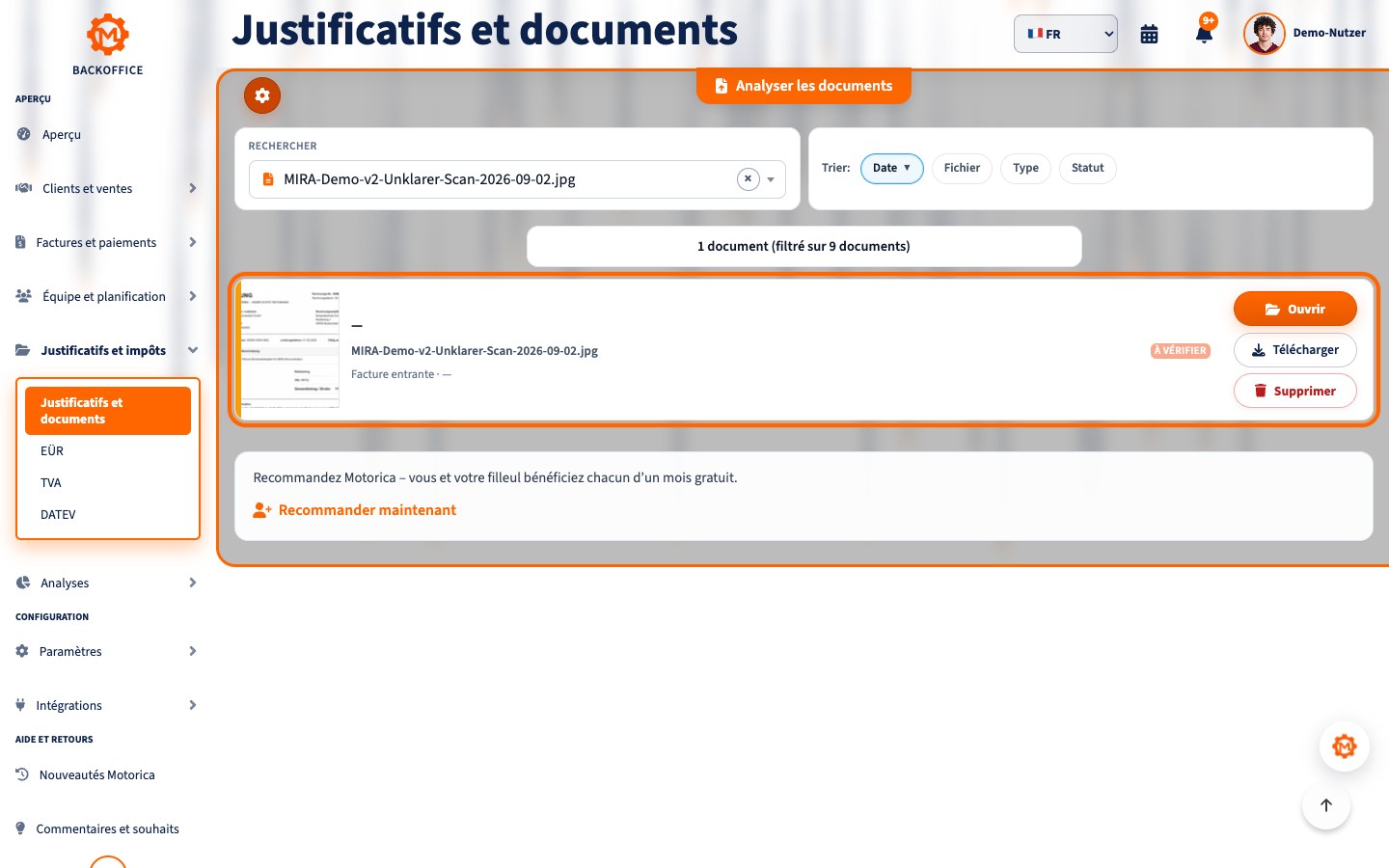 État de vérification MIRA en français pour un scan fictif volontairement peu lisible