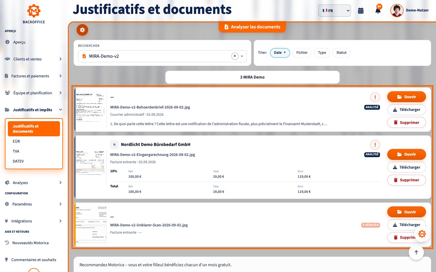 Vue des documents MIRA en français avec trois fichiers de démonstration fictifs et la navigation complète