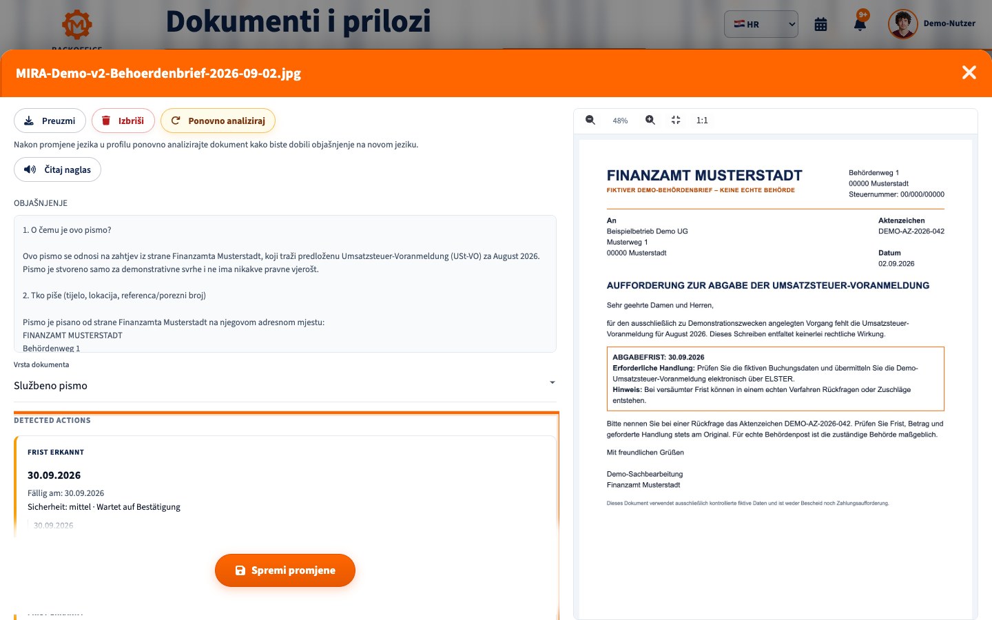 Motorica Backoffice s primjerom poreznog dopisa i prepoznatim rokom prijave PDV-a