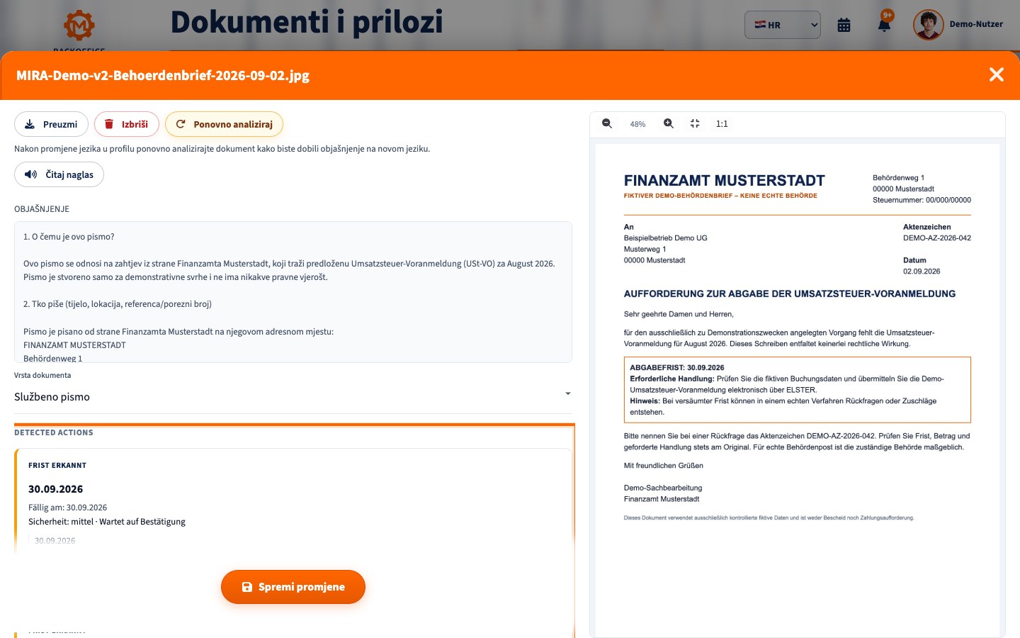 Naknadni zadatak u MIRA-i na hrvatskom za izmišljeno službeno pismo