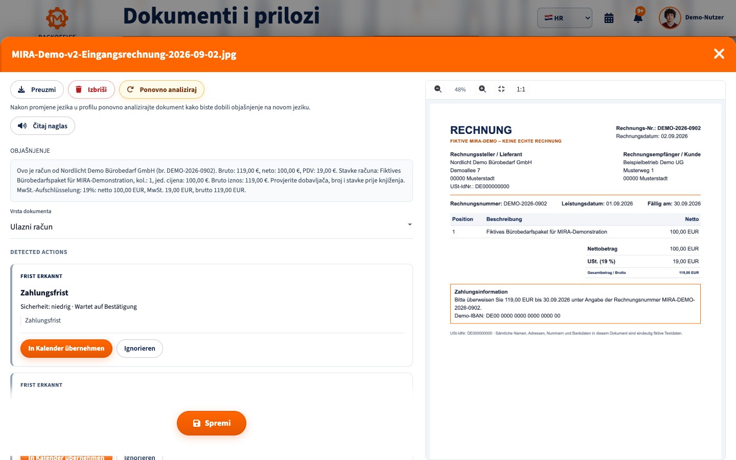 Detaljni prikaz analiziranog demonstracijskog računa u MIRA-i na hrvatskom s potpunom navigacijom i naslovom stranice