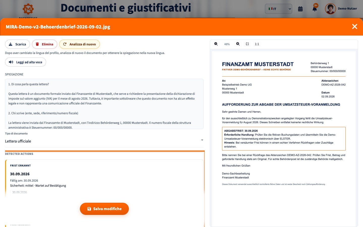 Backoffice Motorica con lettera fiscale dimostrativa e scadenza rilevata per la dichiarazione IVA