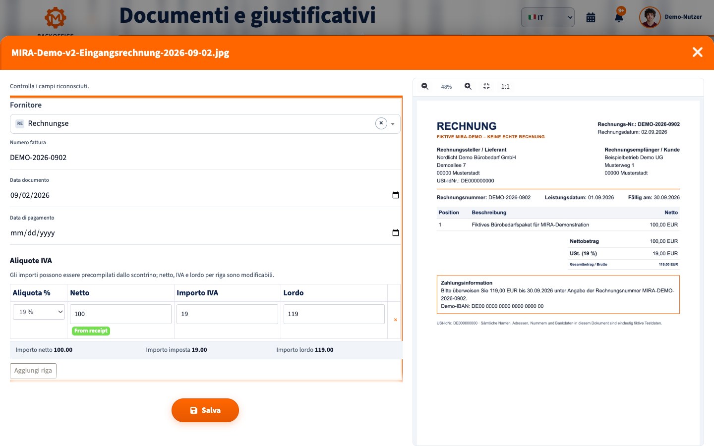 Analisi della fattura in MIRA in italiano con fornitore, numero e totali
