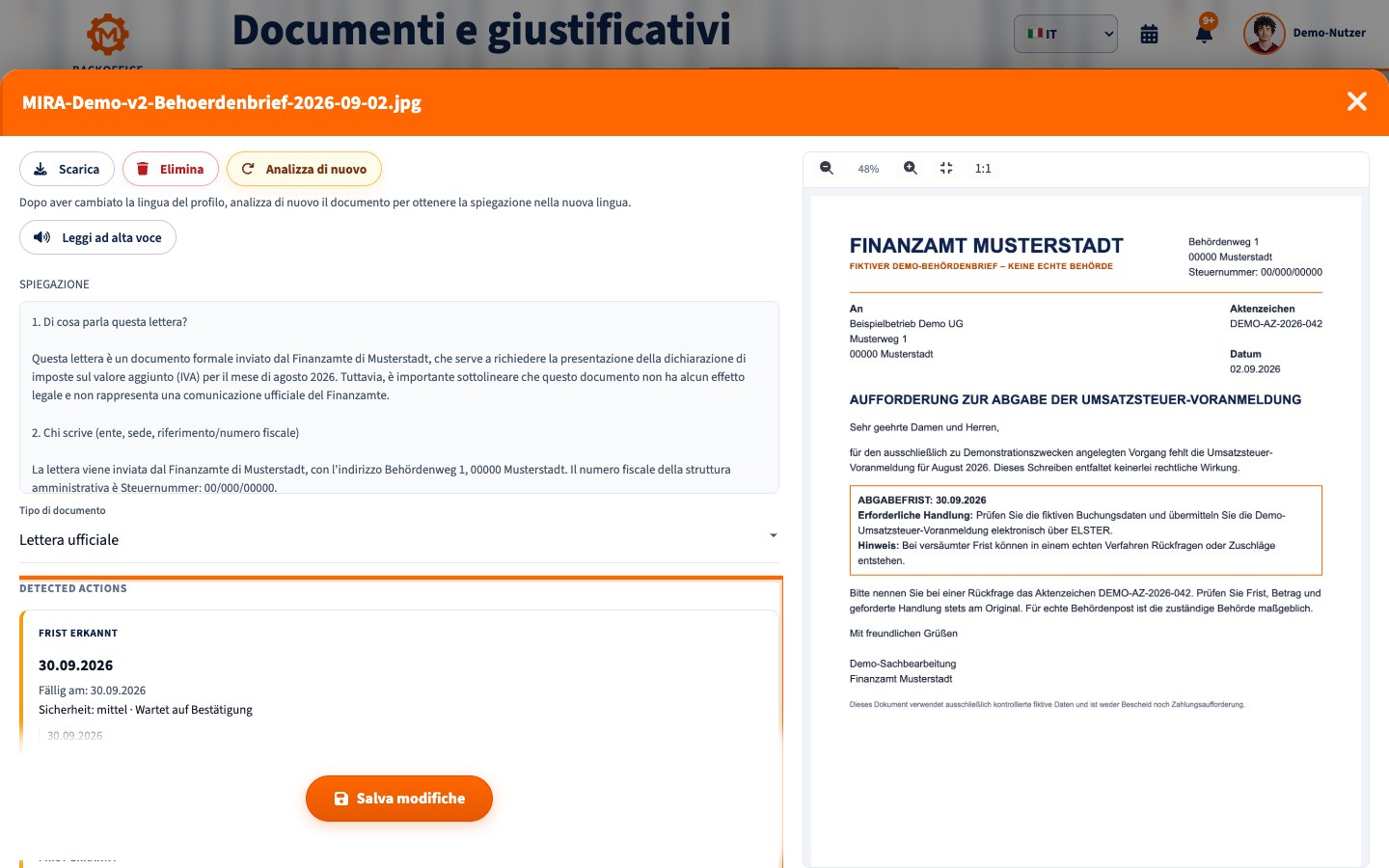 Attività successiva MIRA in italiano per la lettera ufficiale fittizia
