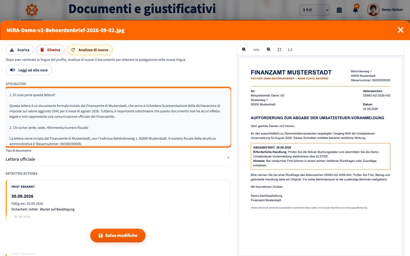 Vista prodotto Motorica: MIRA spiega documenti e comunicazioni degli enti nella lingua scelta