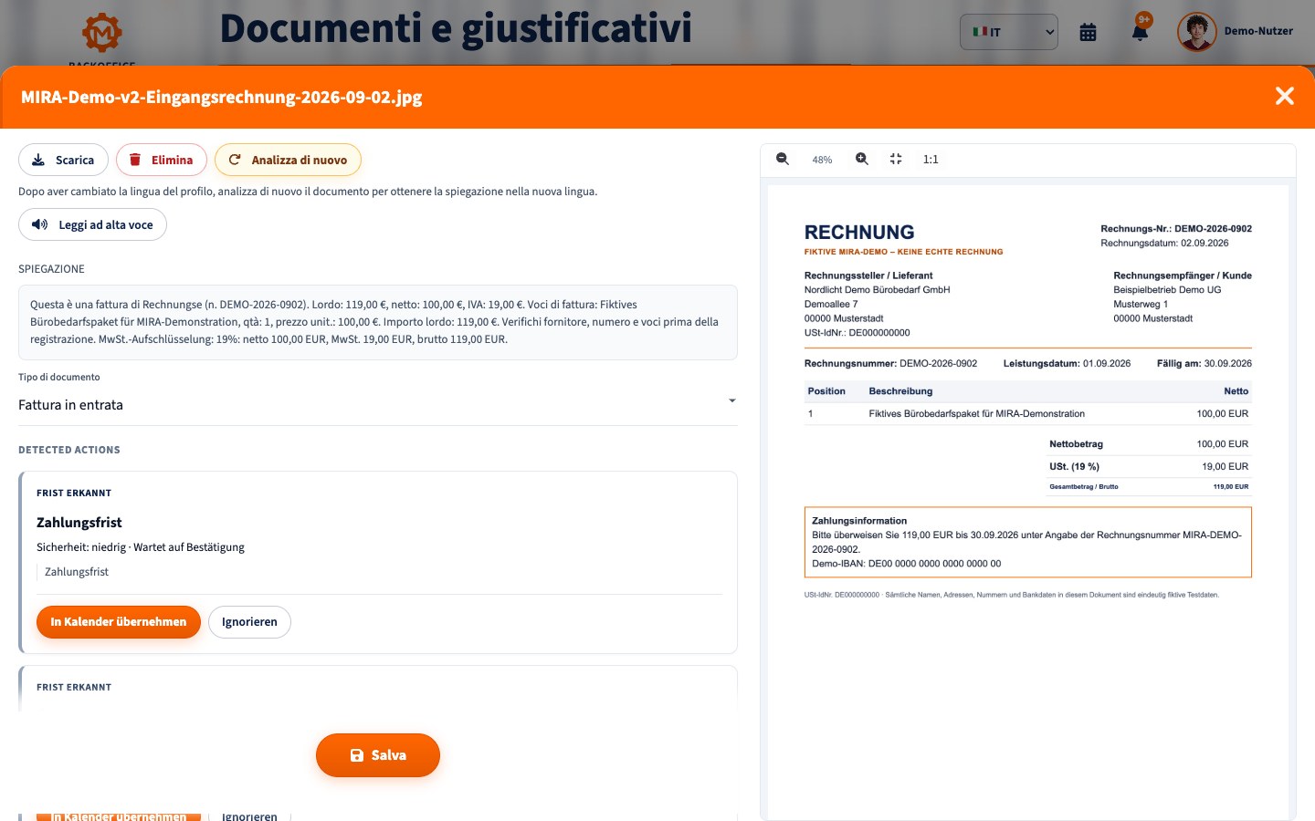 Dettaglio della fattura dimostrativa analizzata da MIRA in italiano con navigazione e titolo della pagina completi
