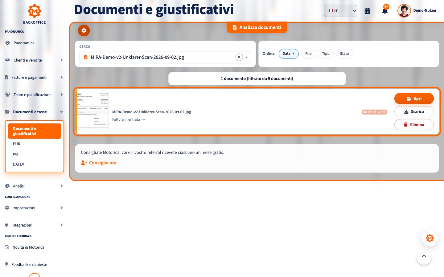 Stato di verifica MIRA in italiano per una scansione fittizia volutamente poco chiara
