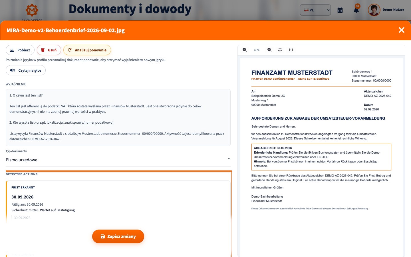 Motorica Backoffice z przykładowym pismem urzędu skarbowego i wykrytym terminem deklaracji VAT