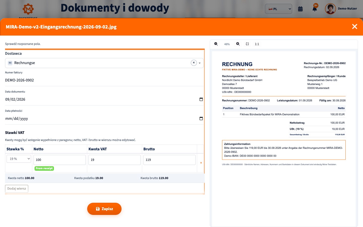 Analiza faktury w MIRA po polsku z dostawcą, numerem faktury i kwotami