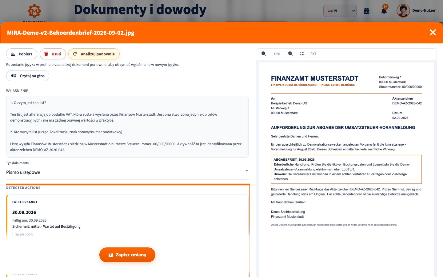 Zadanie uzupełniające MIRA do fikcyjnego pisma urzędowego po polsku