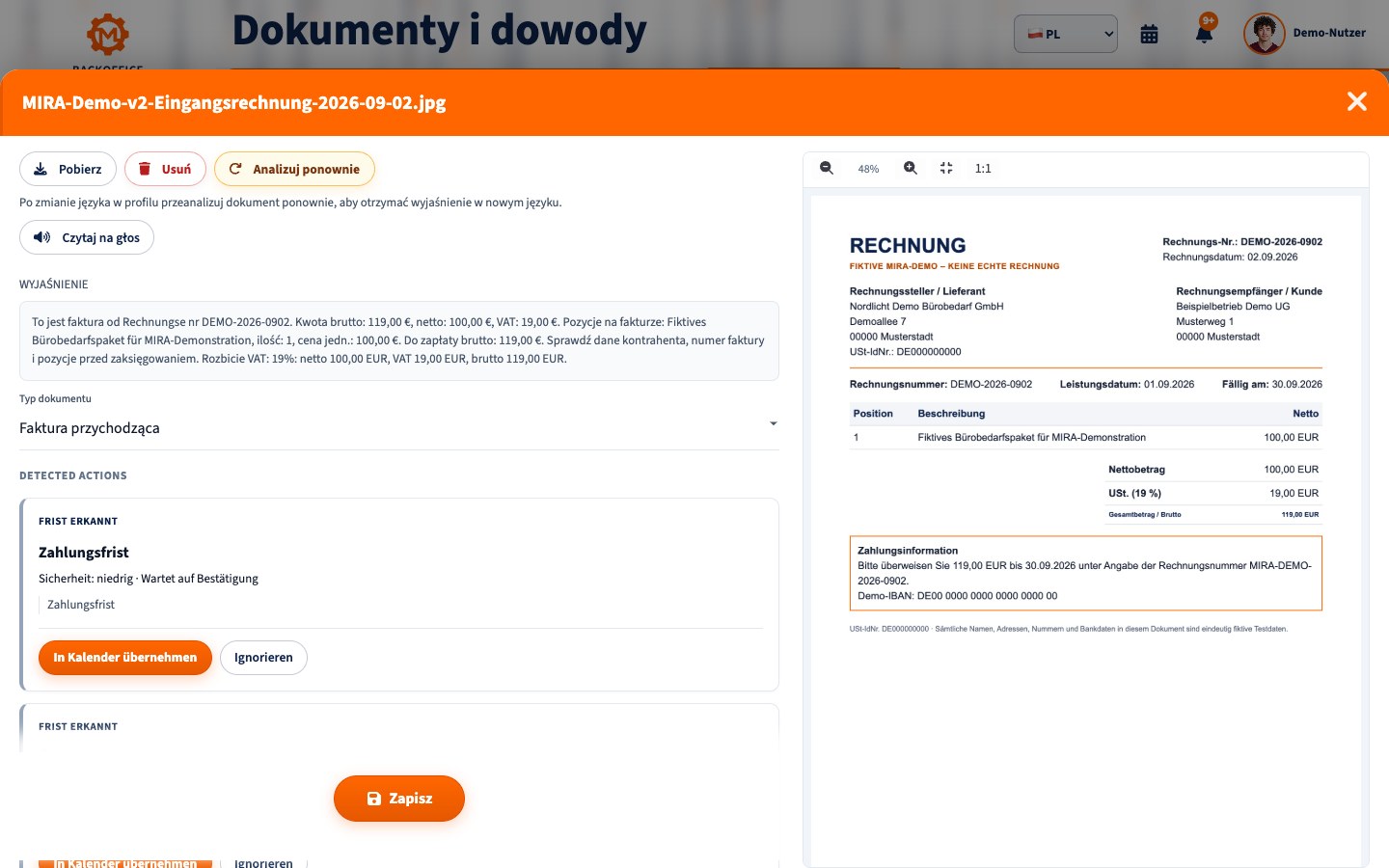 Szczegóły przeanalizowanej faktury demonstracyjnej w MIRA po polsku z pełną nawigacją i tytułem strony