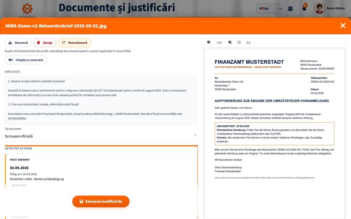 Interfața Motorica cu o scrisoare fiscală demonstrativă și termenul identificat pentru declarația TVA