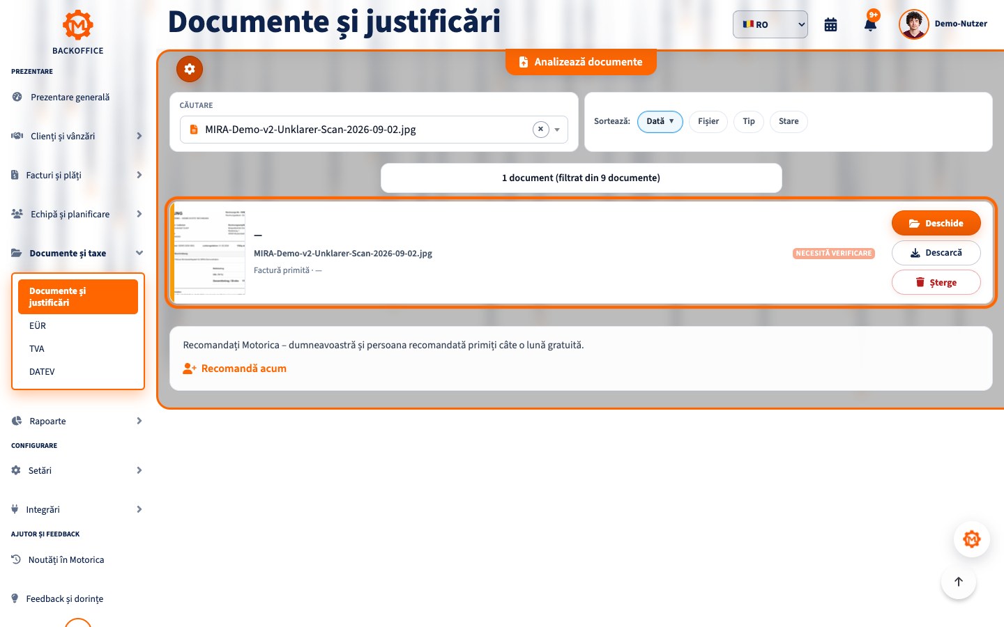 Starea de verificare MIRA în română pentru o scanare fictivă intenționat neclară