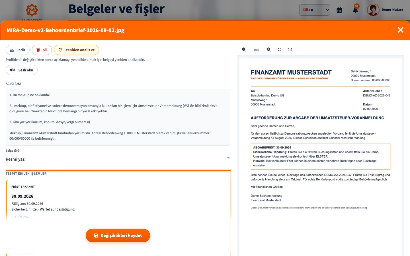 Motorica Backoffice'te KDV ön beyannamesi süresini gösteren örnek vergi dairesi yazısı