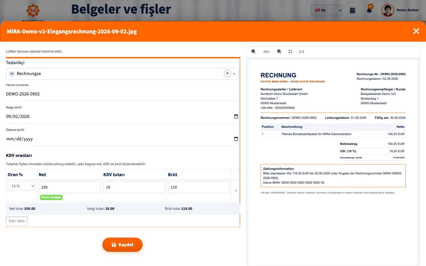 Tedarikçi, fatura numarası ve toplamları gösteren Türkçe MIRA fatura analizi