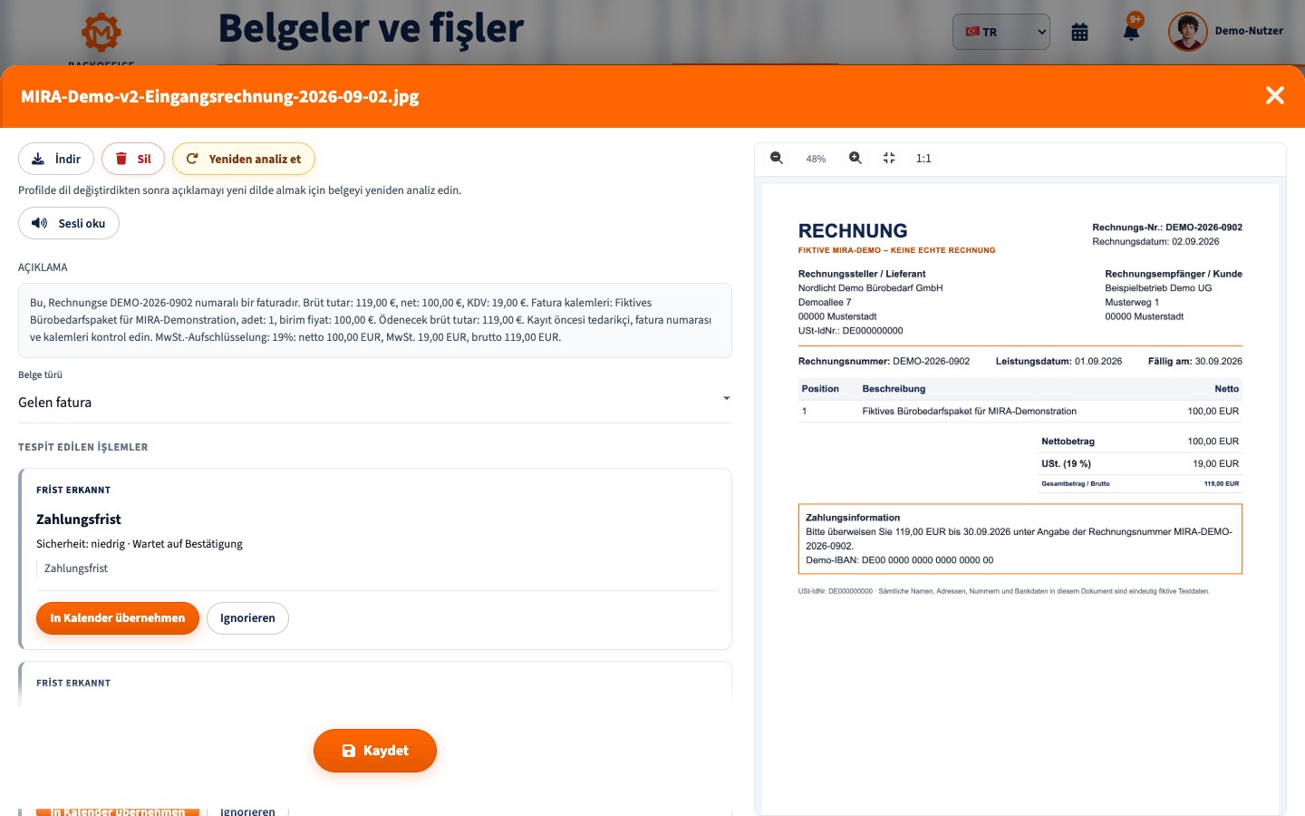 Analiz edilen demo faturanın tam gezinme ve sayfa başlığı görünen Türkçe MIRA ayrıntı görünümü