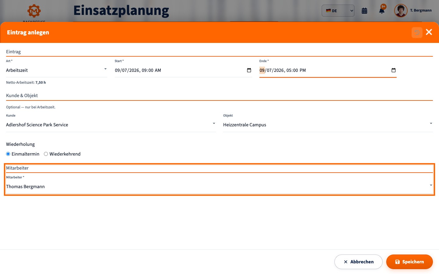 Motorica-Formular zum Anlegen eines Einsatzes mit Zeitraum, Kunde, Objekt und Mitarbeiterauswahl