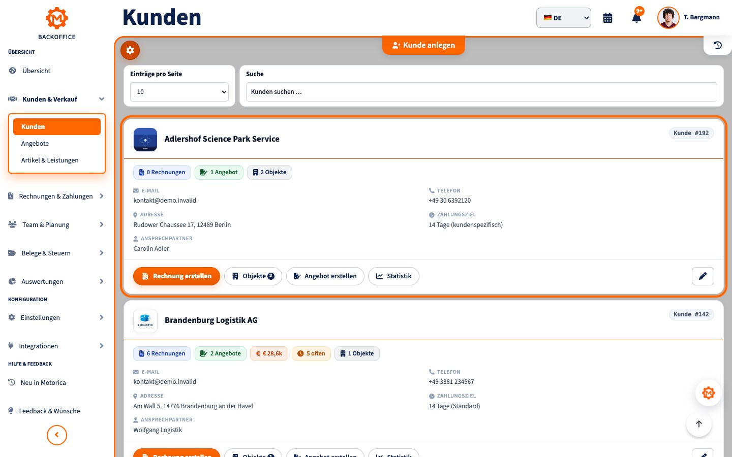 Motorica-Kundenübersicht mit Kontaktdaten, Rechnungen, Angeboten und verknüpften Einsatzobjekten