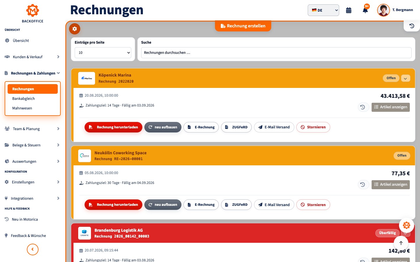 Motorica-Rechnungsübersicht mit Kunden, Beträgen, Fälligkeiten, Status und Rechnungsaktionen