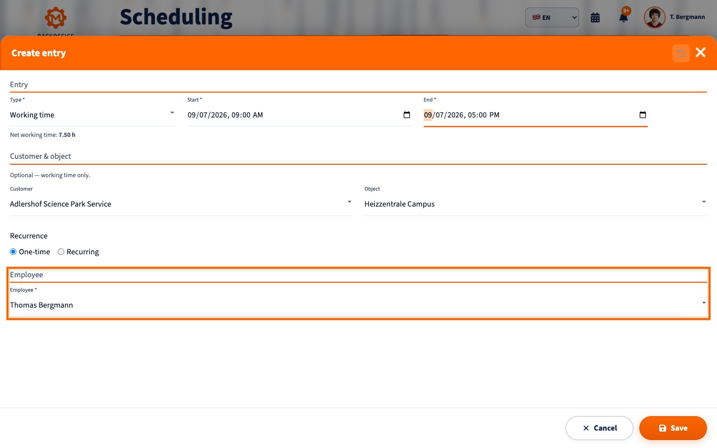 Motorica job creation form with date and time, customer, service location and employee selection