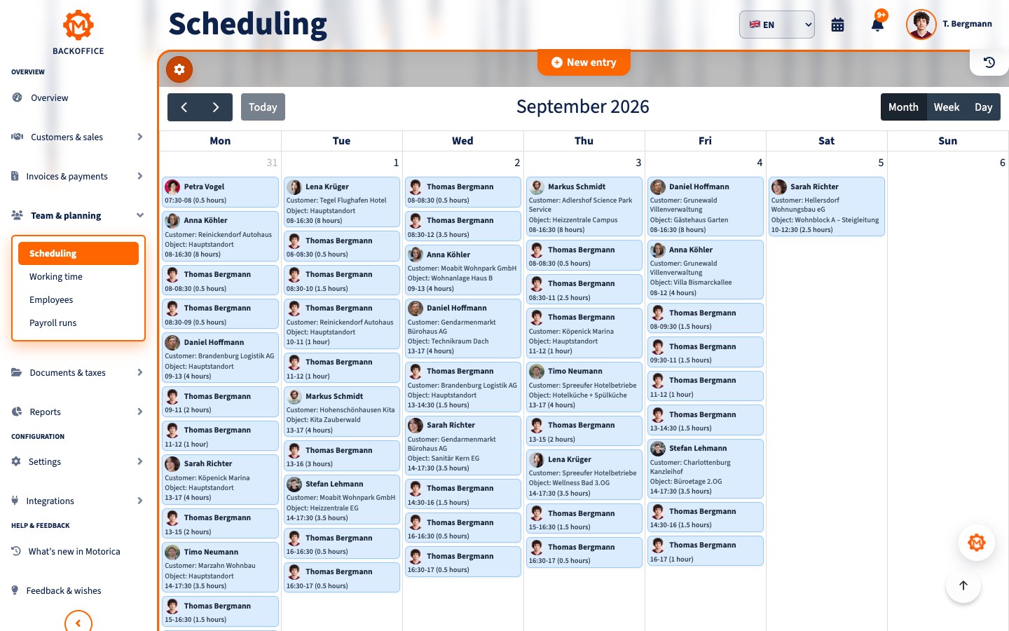 Motorica animation showing a customer job being created, assigned to an employee and added to the employee calendar