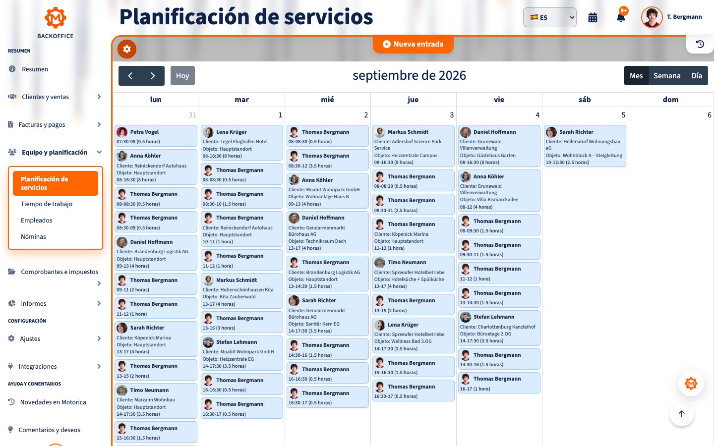 Animación en Motorica que muestra la creación de un servicio para un cliente, su asignación a un empleado y su incorporación al calendario del personal