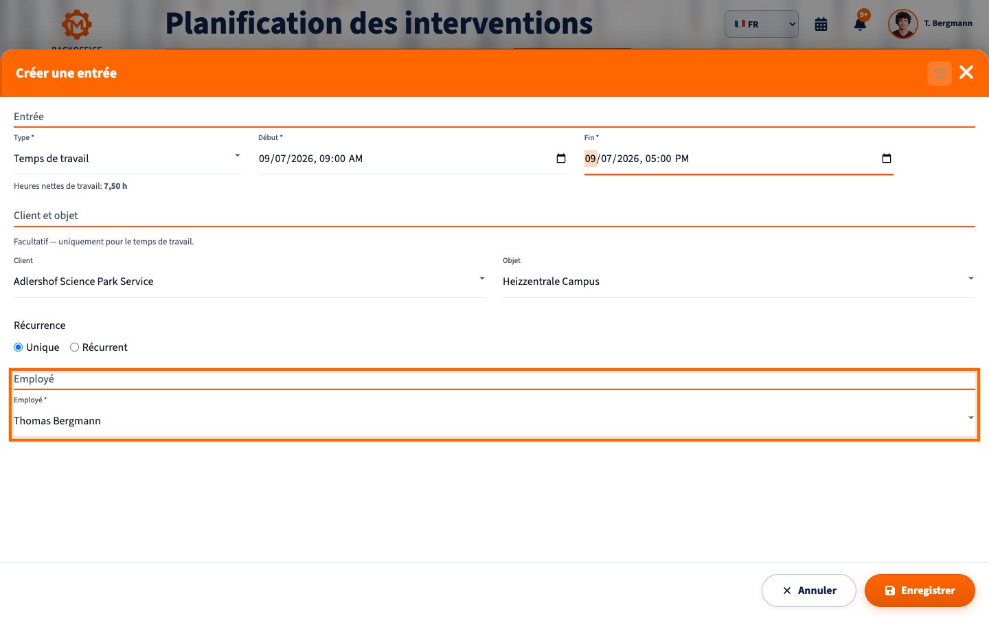 Formulaire Motorica pour créer une intervention avec date et heure, client, site d’intervention et choix du collaborateur