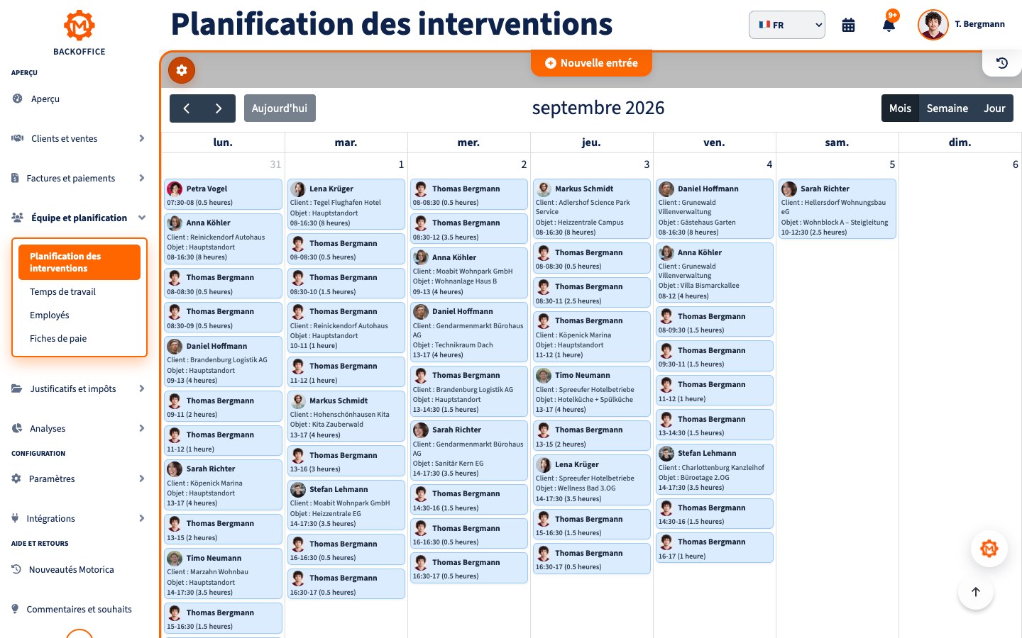 Animation dans Motorica montrant la création d’une intervention client, son affectation à un collaborateur et son ajout au calendrier du personnel