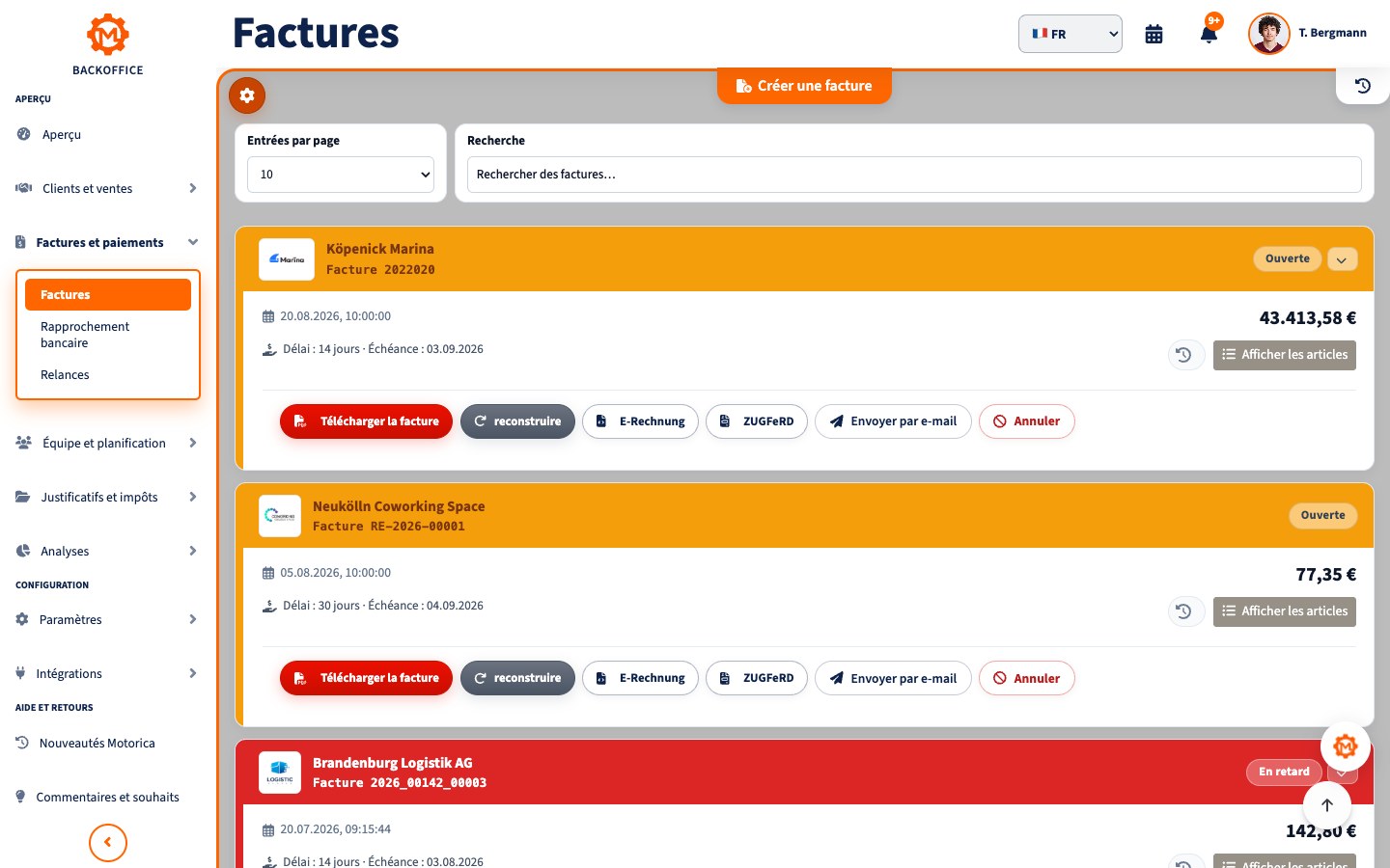 Vue d’ensemble des factures dans Motorica avec clients, montants, échéances, statuts et actions sur les factures