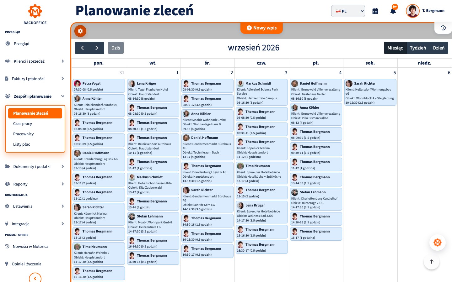 Animacja w Motorica pokazująca utworzenie zlecenia dla klienta, przypisanie go pracownikowi i dodanie do kalendarza pracowników