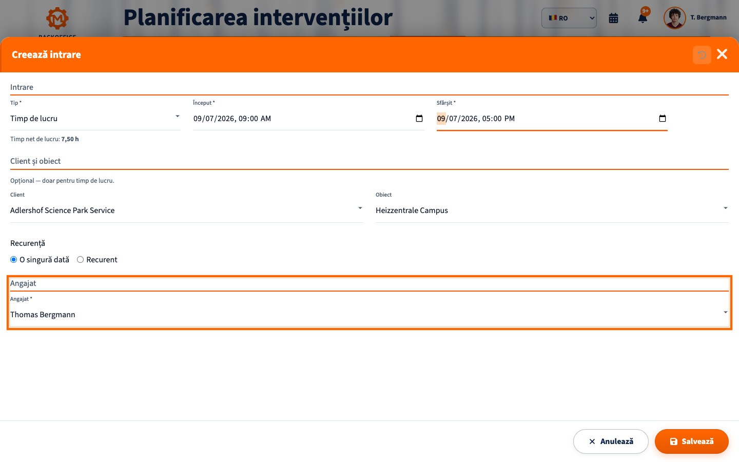 Formular Motorica pentru crearea unei intervenții, cu dată și oră, client, locație și selectarea angajatului
