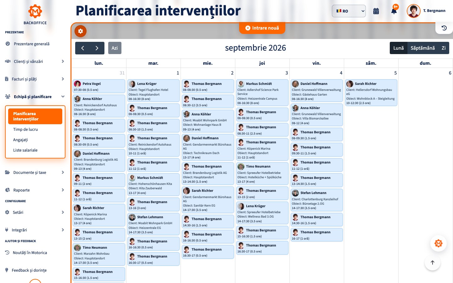 Animație în Motorica care arată crearea unei intervenții pentru client, alocarea unui angajat și adăugarea în calendarul angajaților