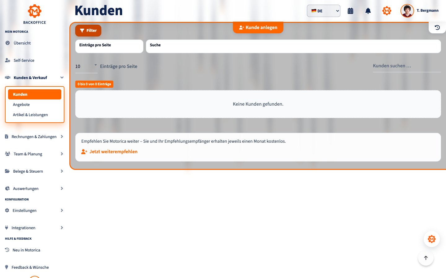 Kunde anlegen – Motorica Backoffice