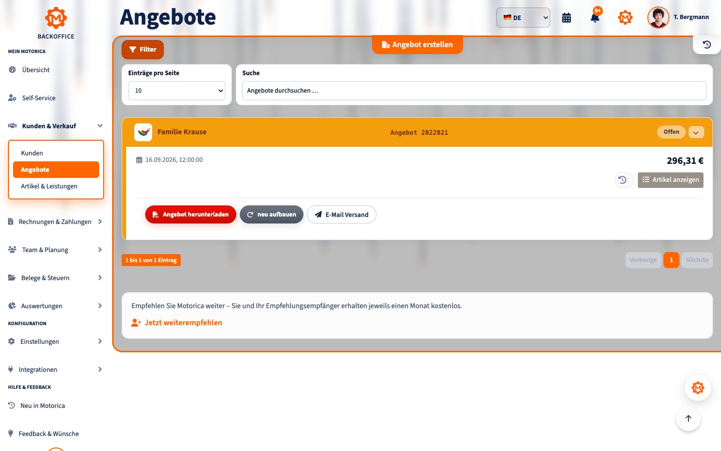 Angebot erstellen – Motorica Backoffice