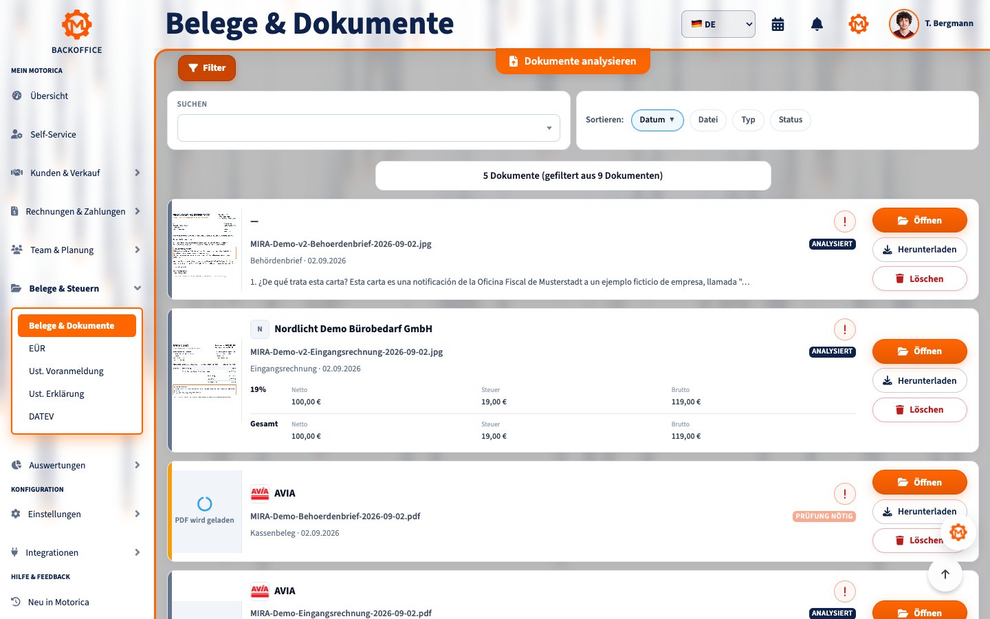 Motorica Backoffice: Seite Belege & Dokumente auf Deutsch