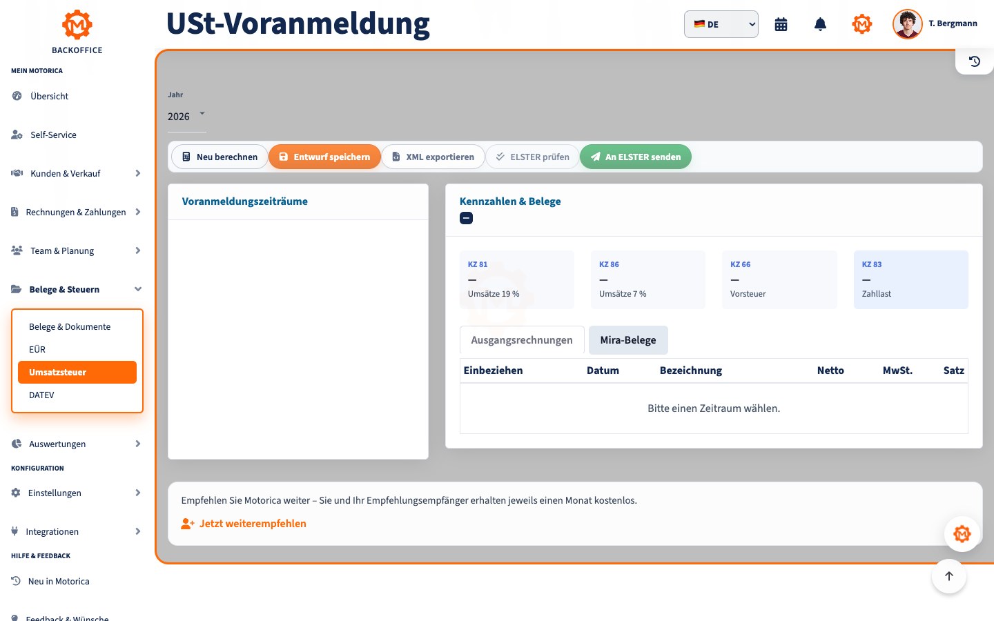 Motorica Backoffice mit USt-Voranmeldung und Steuerkennzahlen