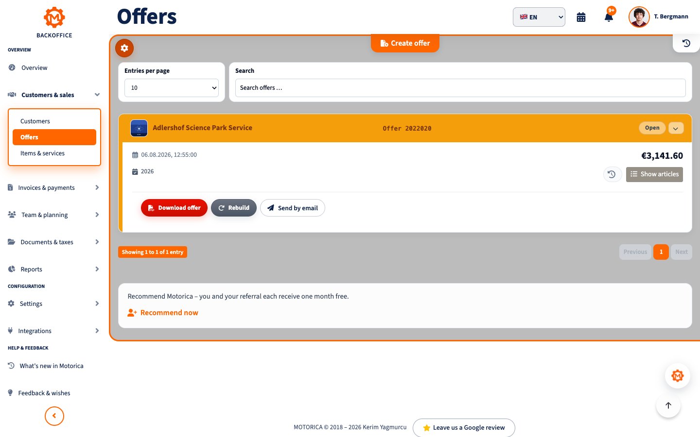 Overview of quotes in the Motorica Backoffice with fully visible navigation