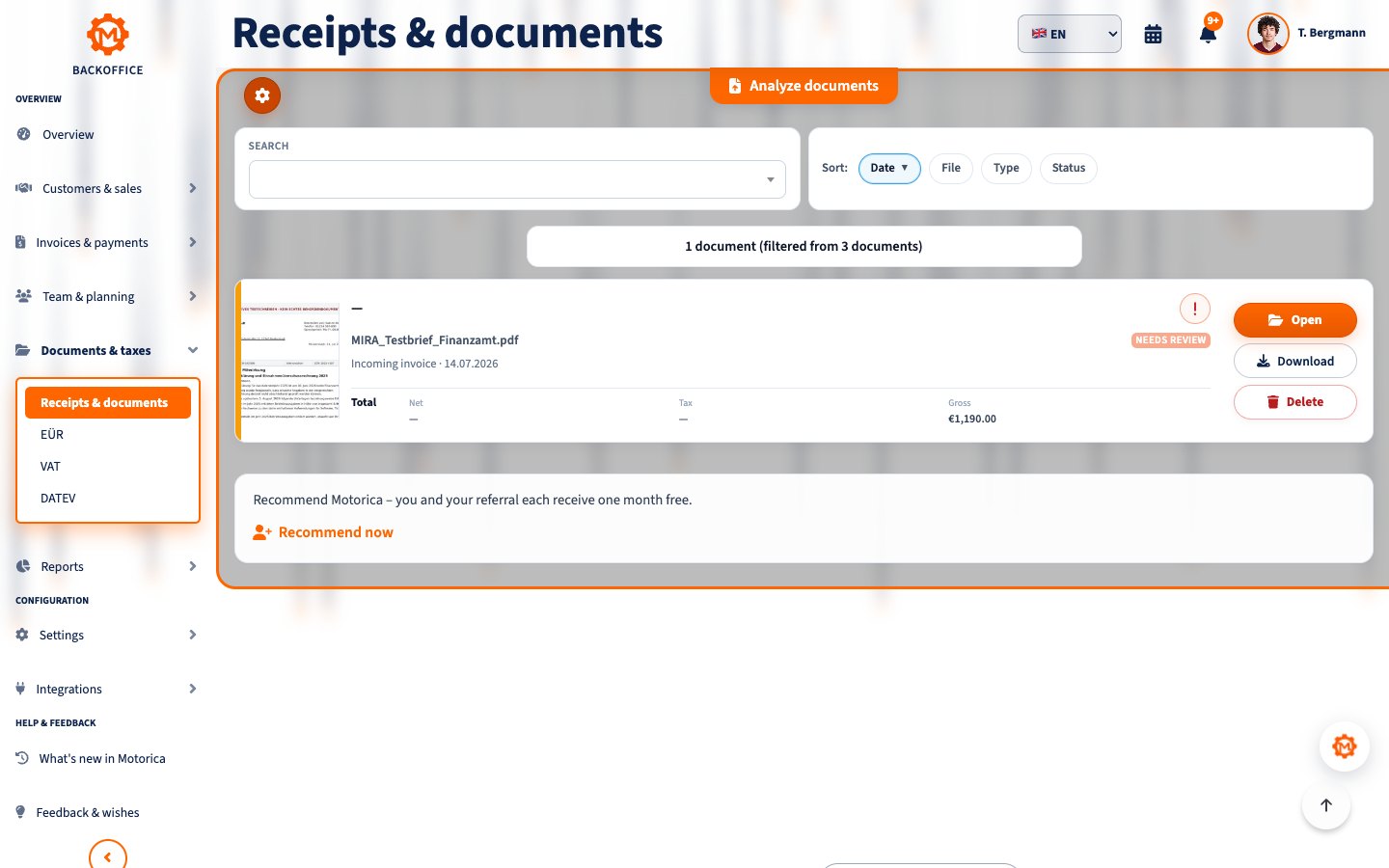 Documents and receipts in the Motorica Backoffice with recognizable demo data