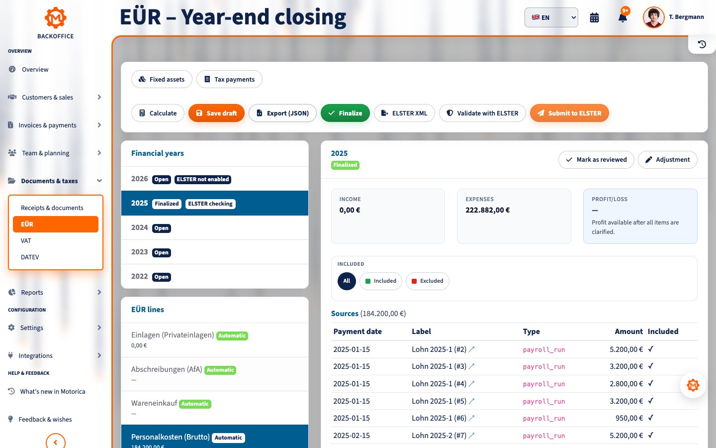 Motorica Backoffice showing EÜR year-end closing, income, expenses and ELSTER actions