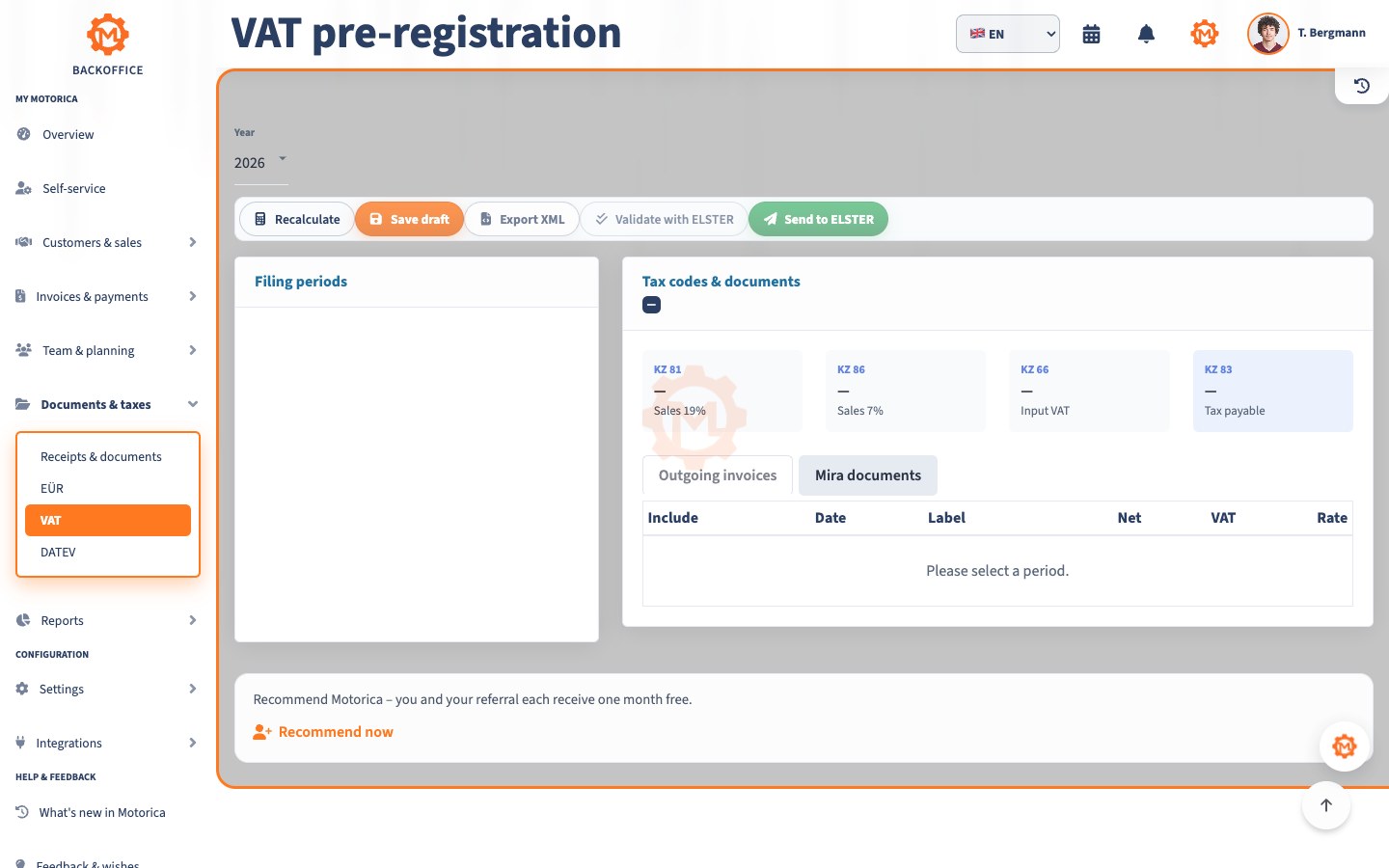 Motorica Backoffice showing the VAT advance return and tax codes