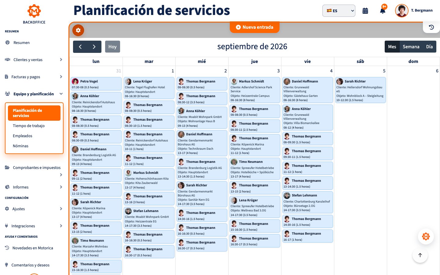 Calendario con empleados y planificación de servicios
