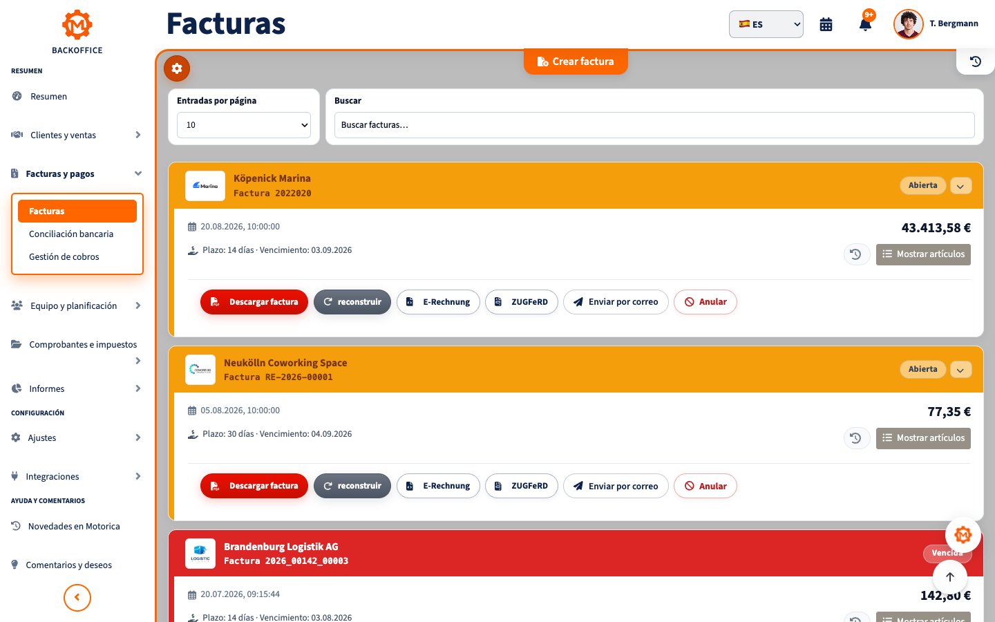 Vista de facturas del Backoffice de Motorica