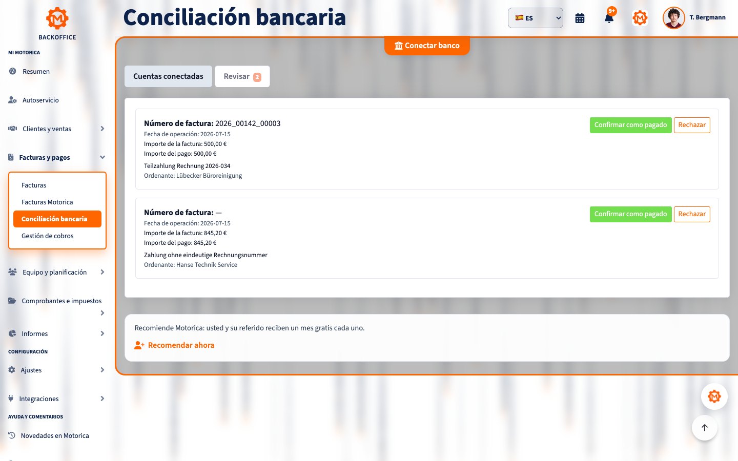 Conciliación bancaria en el Backoffice de Motorica
