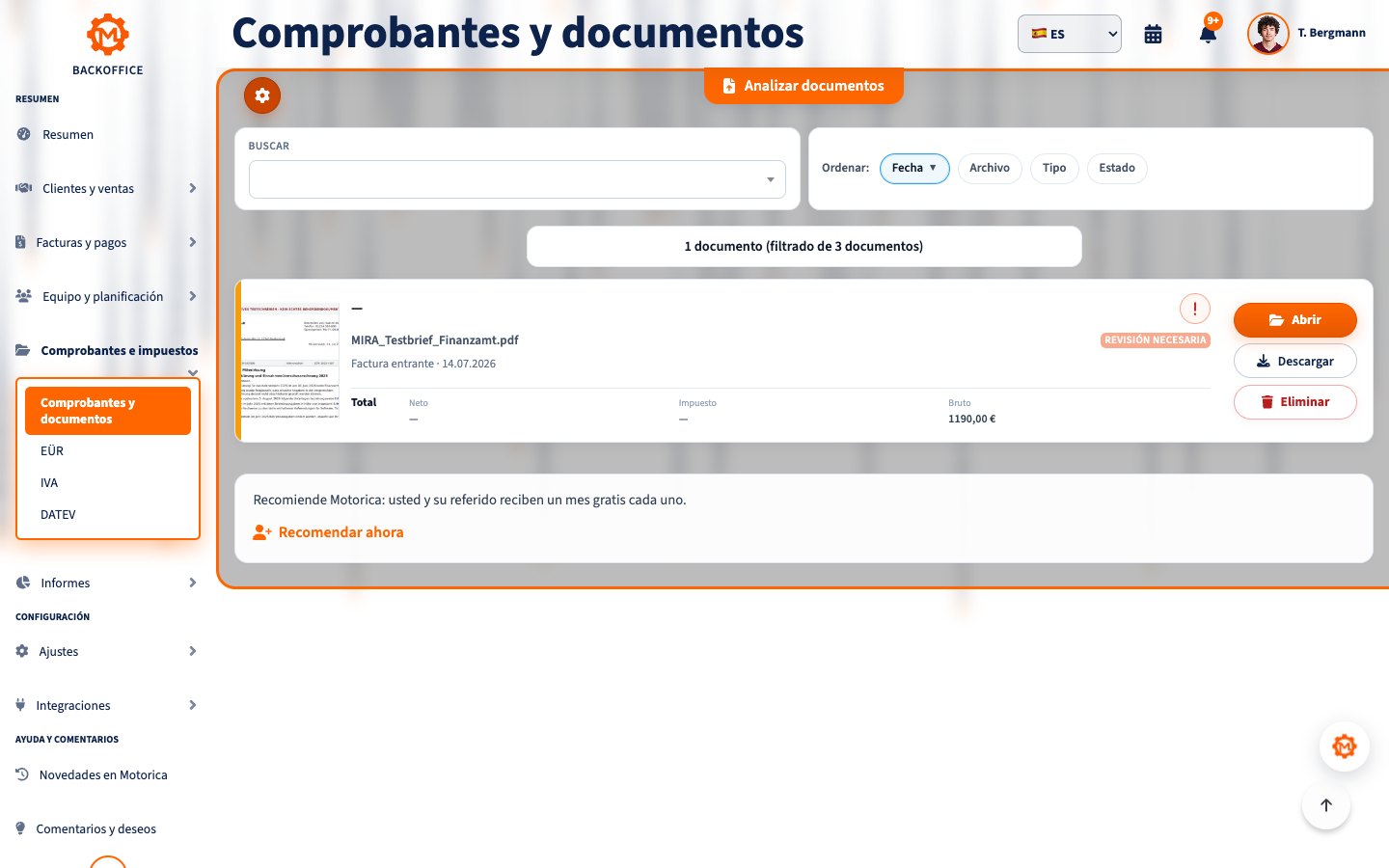 Documentos de demostración en el Backoffice de Motorica