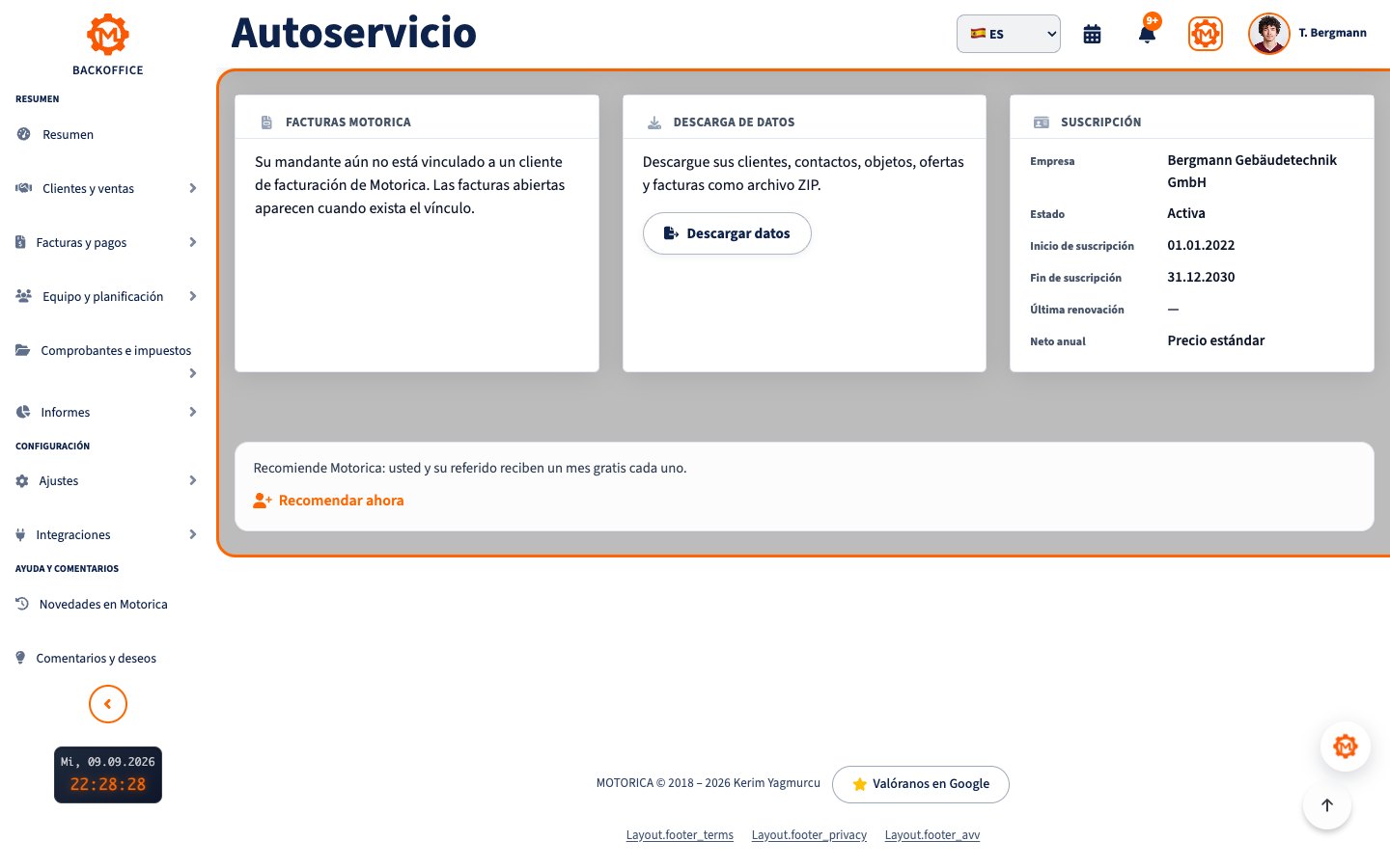 Suscripción activa a Motorica de la empresa de demostración ficticia Bergmann Gebäudetechnik GmbH