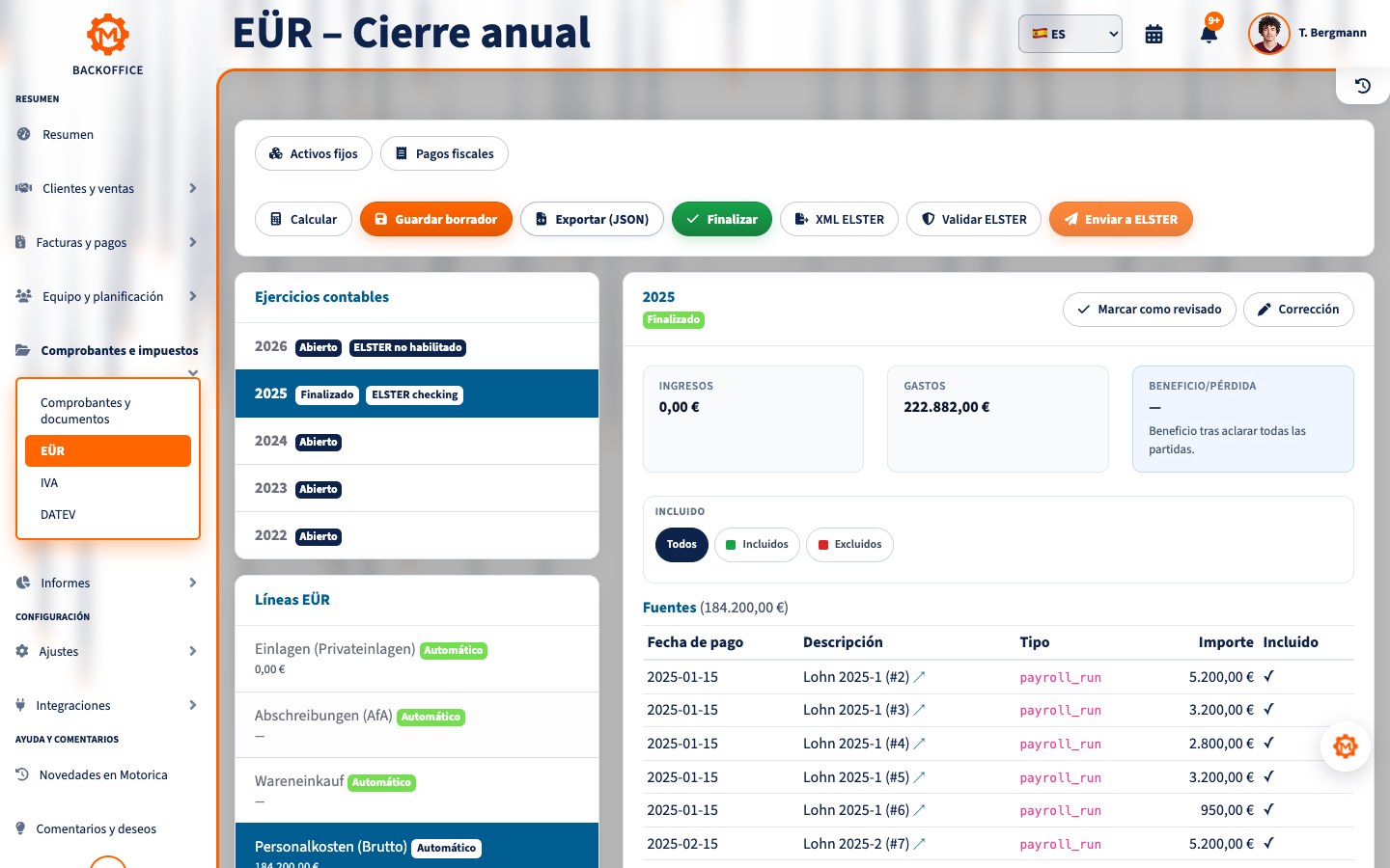 Backoffice de Motorica con cierre anual EÜR, ingresos, gastos y acciones de ELSTER