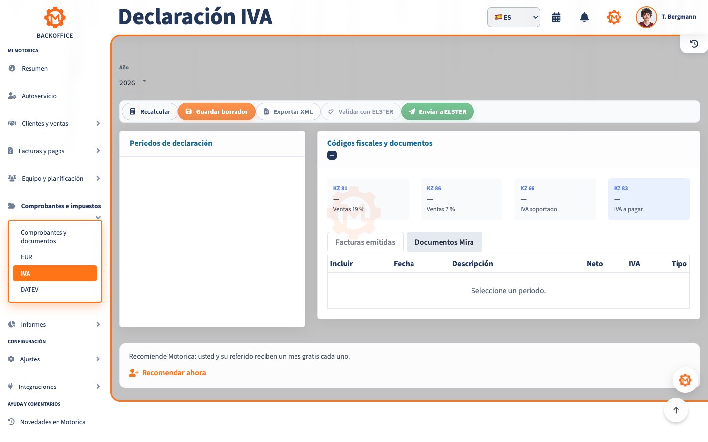 Motorica Backoffice con la declaración de IVA y los códigos fiscales