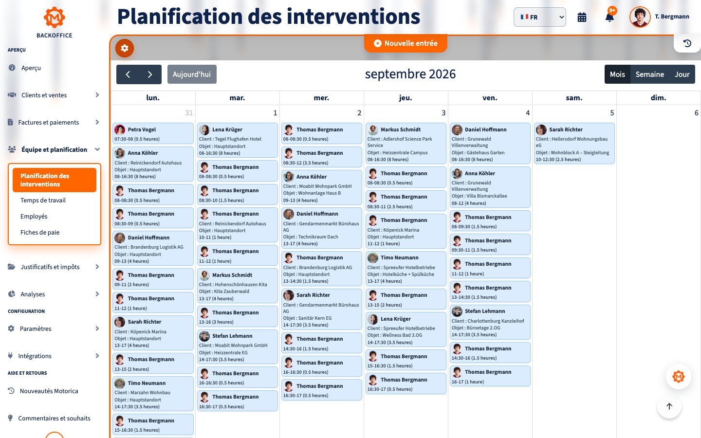 Calendrier avec planification des collaborateurs et des interventions